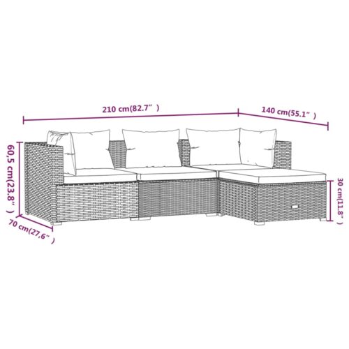 4-Piece Garden Lounge Set with Cushions Poly Rattan Wicker Outdoor Patio Furniture Grey - Image 6