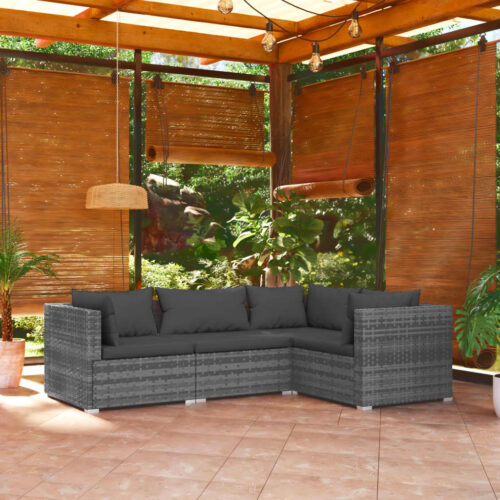 4-Piece Garden Lounge Set with Cushions Poly Rattan Wicker Outdoor Patio Furniture Grey - Image 2