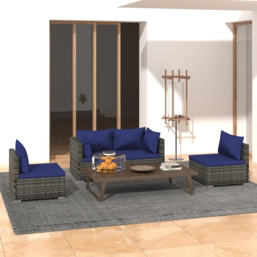 4-Piece Garden Lounge Set with Cushions Poly Rattan Wicker Outdoor Patio Furniture Grey - Image 2