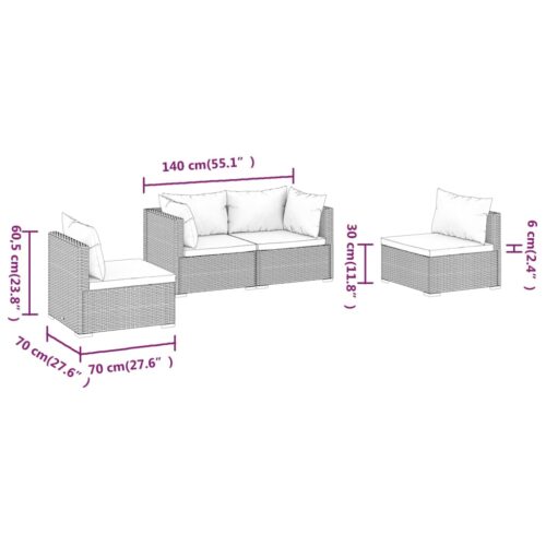4-Piece Garden Lounge Set with Cushions Poly Rattan Wicker Outdoor Patio Furniture Grey - Image 7