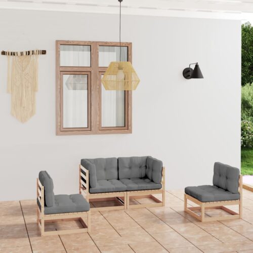 4-Piece Garden Lounge Set with Cushions Pine Wood Outdoor Patio Furniture - Image 2