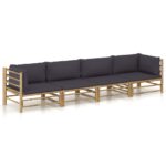 4-Piece Garden Lounge Set with Dark Grey Cushions Bamboo