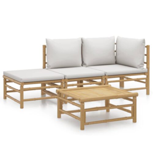4-Piece Garden Lounge Set with Light Grey Cushions Bamboo