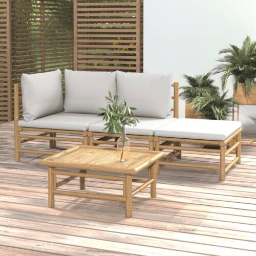 4-Piece Garden Lounge Set with Light Grey Cushions Bamboo - Image 2