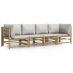 4-Piece Garden Lounge Set with Light Grey Cushions Bamboo