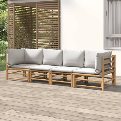 4-Piece Garden Lounge Set with Light Grey Cushions Bamboo - Image 2