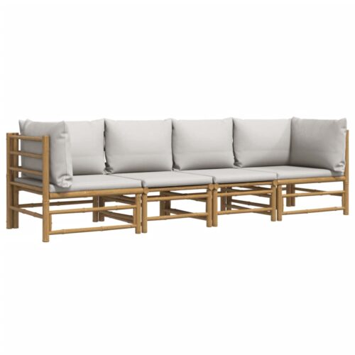 4-Piece Garden Lounge Set with Light Grey Cushions Bamboo - Image 3