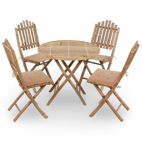 5-Piece Folding Outdoor Dining Set with Cushions Bamboo