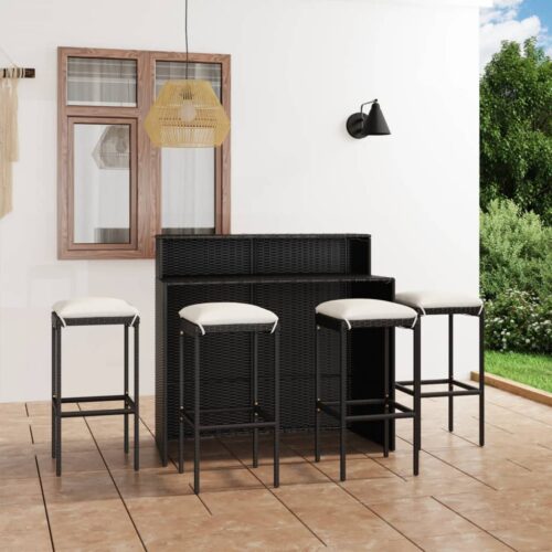 5-Piece Garden Bar Set with Cushions Black - Image 2