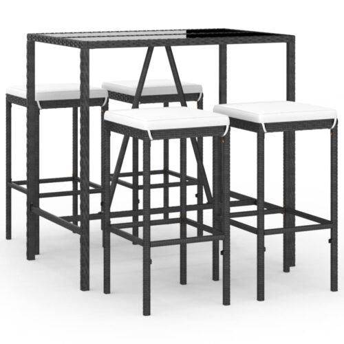5-Piece Garden Bar Set with Cushions Black Poly Rattan Wicker Outdoor Patio Furniture