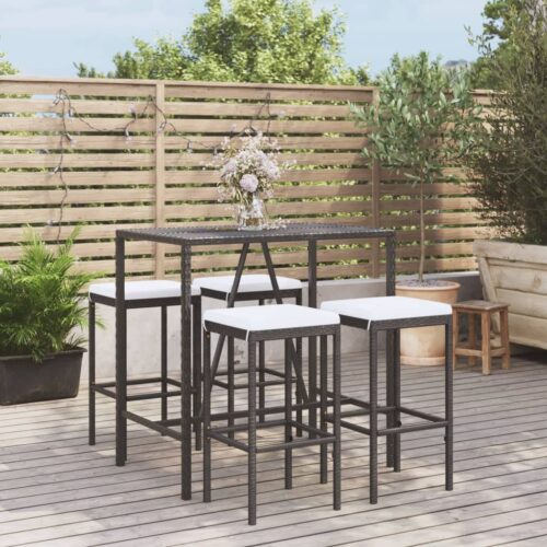 5-Piece Garden Bar Set with Cushions Black Poly Rattan Wicker Outdoor Patio Furniture - Image 2