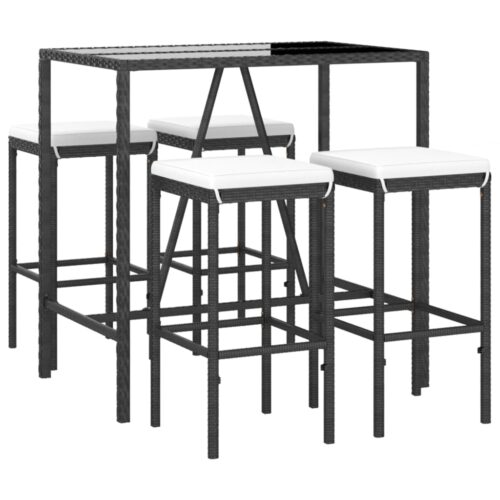 5-Piece Garden Bar Set with Cushions Black Poly Rattan Wicker Outdoor Patio Furniture - Image 3