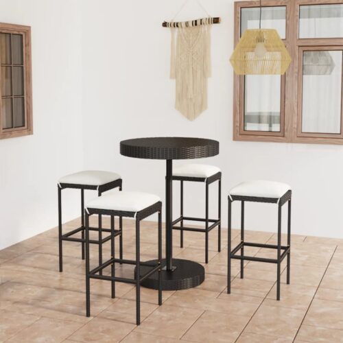 5-Piece Garden Bar Set with Cushions Poly Rattan Wicker Outdoor Patio Furniture Black - Image 2