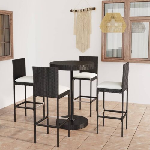 5-Piece Garden Bar Set with Cushions Poly Rattan Wicker Outdoor Patio Furniture Black - Image 2