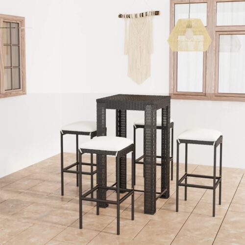 5-Piece Garden Bar Set with Cushions Poly Rattan Wicker Outdoor Patio Furniture Black - Image 2