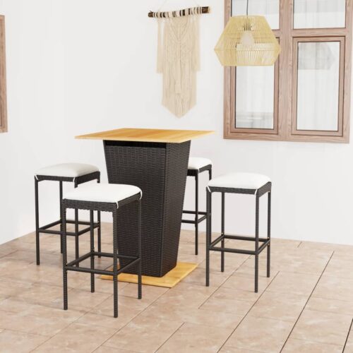 5-Piece Garden Bar Set with Cushions Poly Rattan Wicker Outdoor Patio Furniture Black - Image 2