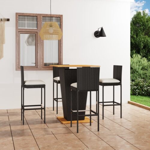 5-Piece Garden Bar Set with Cushions Poly Rattan Wicker Outdoor Patio Furniture Black - Image 2