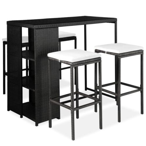 5-Piece Garden Bar Set with Cushions Poly Rattan Wicker Outdoor Patio Furniture Black