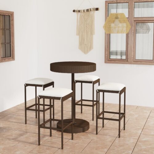 5-Piece Garden Bar Set with Cushions Poly Rattan Wicker Outdoor Patio Furniture Brown - Image 2
