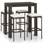 5-Piece Garden Bar Set with Cushions Poly Rattan Wicker Outdoor Patio Furniture Brown