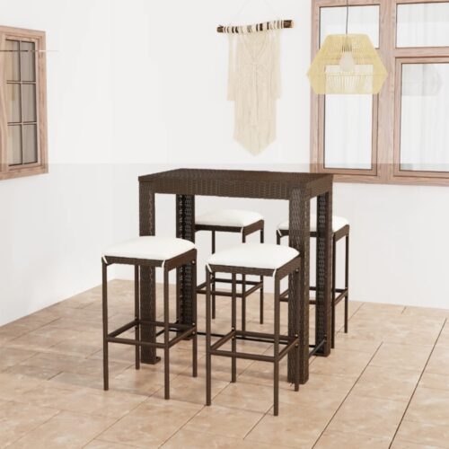 5-Piece Garden Bar Set with Cushions Poly Rattan Wicker Outdoor Patio Furniture Brown - Image 2