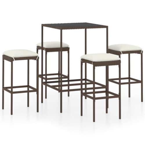 5-Piece Garden Bar Set with Cushions Poly Rattan Wicker Outdoor Patio Furniture Brown