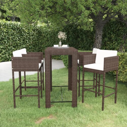 5-Piece Garden Bar Set with Cushions Poly Rattan Wicker Outdoor Patio Furniture Brown - Image 2