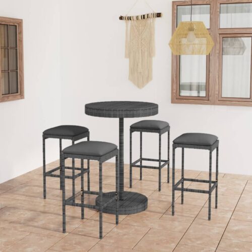 5-Piece Garden Bar Set with Cushions Poly Rattan Wicker Outdoor Patio Furniture Grey - Image 2