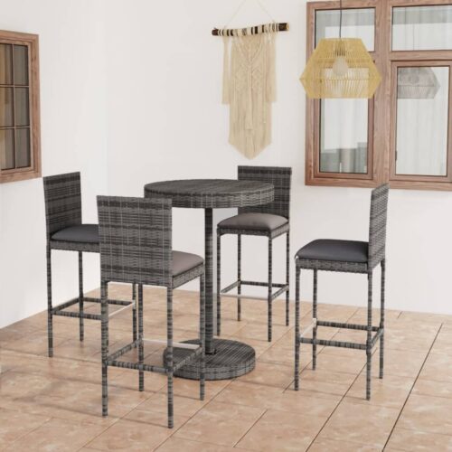5-Piece Garden Bar Set with Cushions Poly Rattan Wicker Outdoor Patio Furniture Grey - Image 2