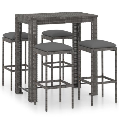 5-Piece Garden Bar Set with Cushions Poly Rattan Wicker Outdoor Patio Furniture Grey