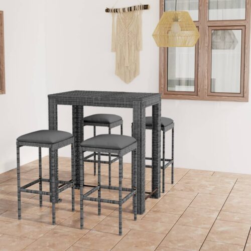 5-Piece Garden Bar Set with Cushions Poly Rattan Wicker Outdoor Patio Furniture Grey - Image 2