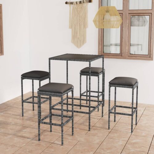 5-Piece Outdoor Bar Set Garden Patio Dining Stools Chairs Table Rattan Grey - Image 2