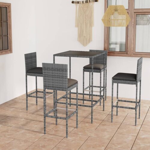 5-Piece Garden Bar Set with Cushions Poly Rattan Wicker Outdoor Patio Furniture Grey - Image 2