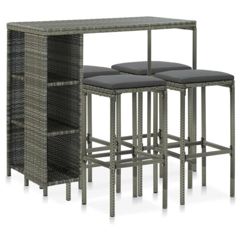 5-Piece Garden Bar Set with Cushions Poly Rattan Wicker Outdoor Patio Furniture Grey