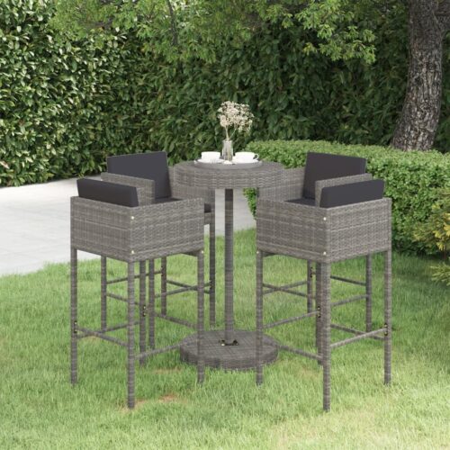 5-Piece Garden Bar Set with Cushions Poly Rattan Wicker Outdoor Patio Furniture Grey - Image 2