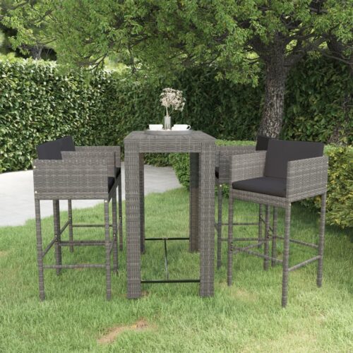 5-Piece Garden Bar Set with Cushions Poly Rattan Wicker Outdoor Patio Furniture Grey - Image 2