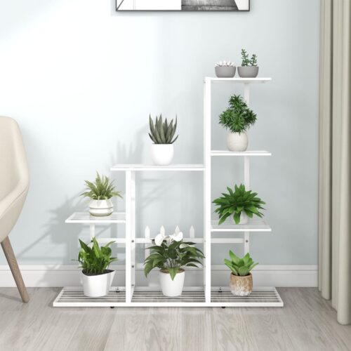 Metal Plant Stand with Wheels Garden Flower Pot Display Storage Shelf Rack White - Image 2