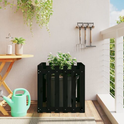 Garden Planter with Fence Design Black 60x60x60cm Solid Wood Pine - Image 2