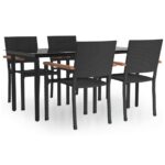 5-Piece Garden Dining Set Black Poly Rattan Wicker Outdoor Patio Furniture