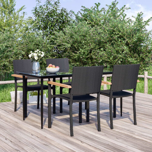 5-Piece Garden Dining Set Black Poly Rattan Wicker Outdoor Patio Furniture - Image 2