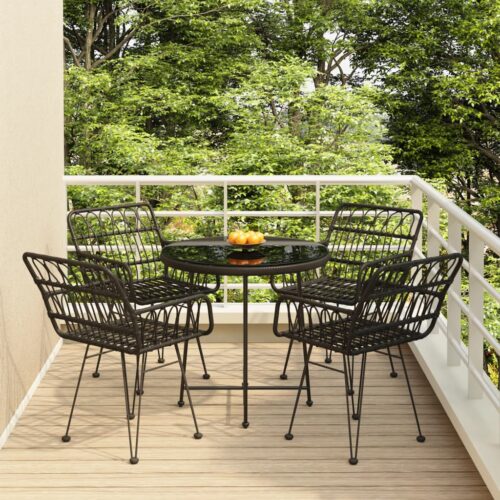 5-Piece Garden Dining Set Black Poly Rattan Wicker Outdoor Patio Furniture - Image 2