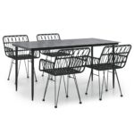 5-Piece Garden Dining Set Black Poly Rattan Wicker Outdoor Patio Furniture