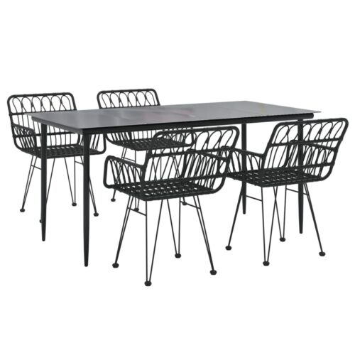 5-Piece Garden Dining Set Black Poly Rattan Wicker Outdoor Patio Furniture - Image 3