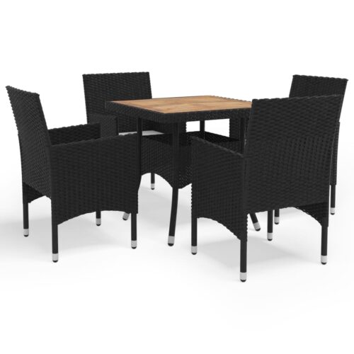 5-Piece Garden Dining Set Black Poly Rattan Wicker Outdoor Patio Furniture Acacia Wood