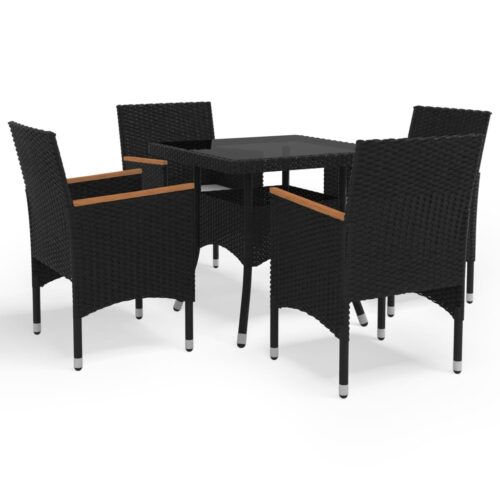 5-Piece Garden Dining Set Black Poly Rattan Wicker Outdoor Patio Furniture Acacia Wood