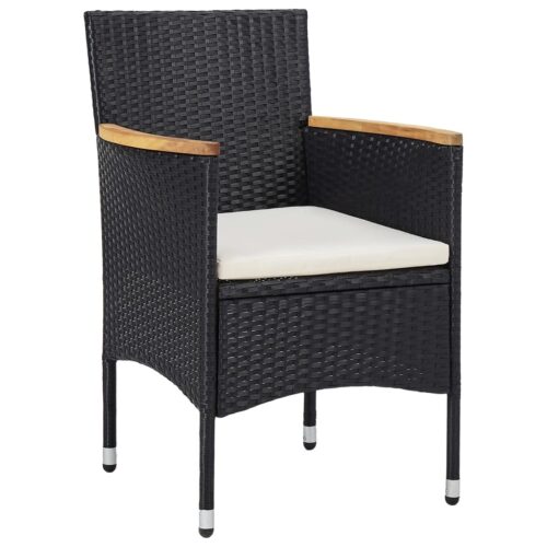 5-Piece Garden Dining Set Black Poly Rattan Wicker Outdoor Patio Furniture Acacia Wood - Image 5