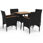 5-Piece Garden Dining Set Black Poly Rattan Wicker Outdoor Patio Furniture Acacia Wood