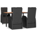 5-Piece Garden Dining Set Black Poly Rattan Wicker Outdoor Patio Furniture&Solid Wood Acacia