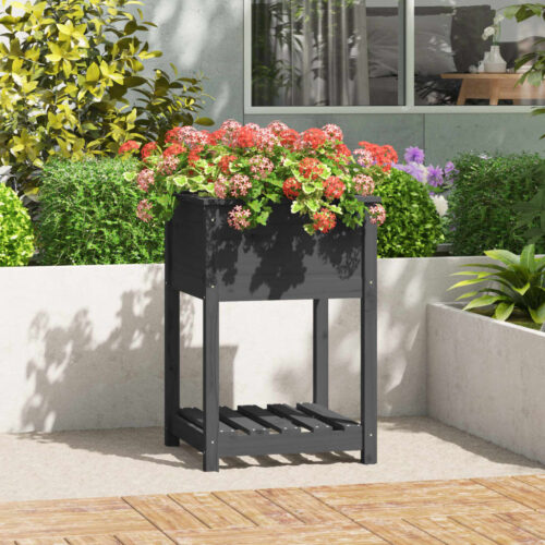 Planter with Shelf Grey 54x54x81cm Solid Wood Pine - Image 2