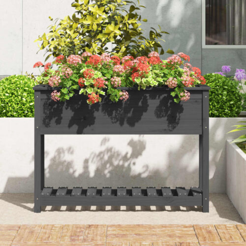 Planter with Shelf Grey 111.5x34.5x81cm Solid Wood Pine - Image 3
